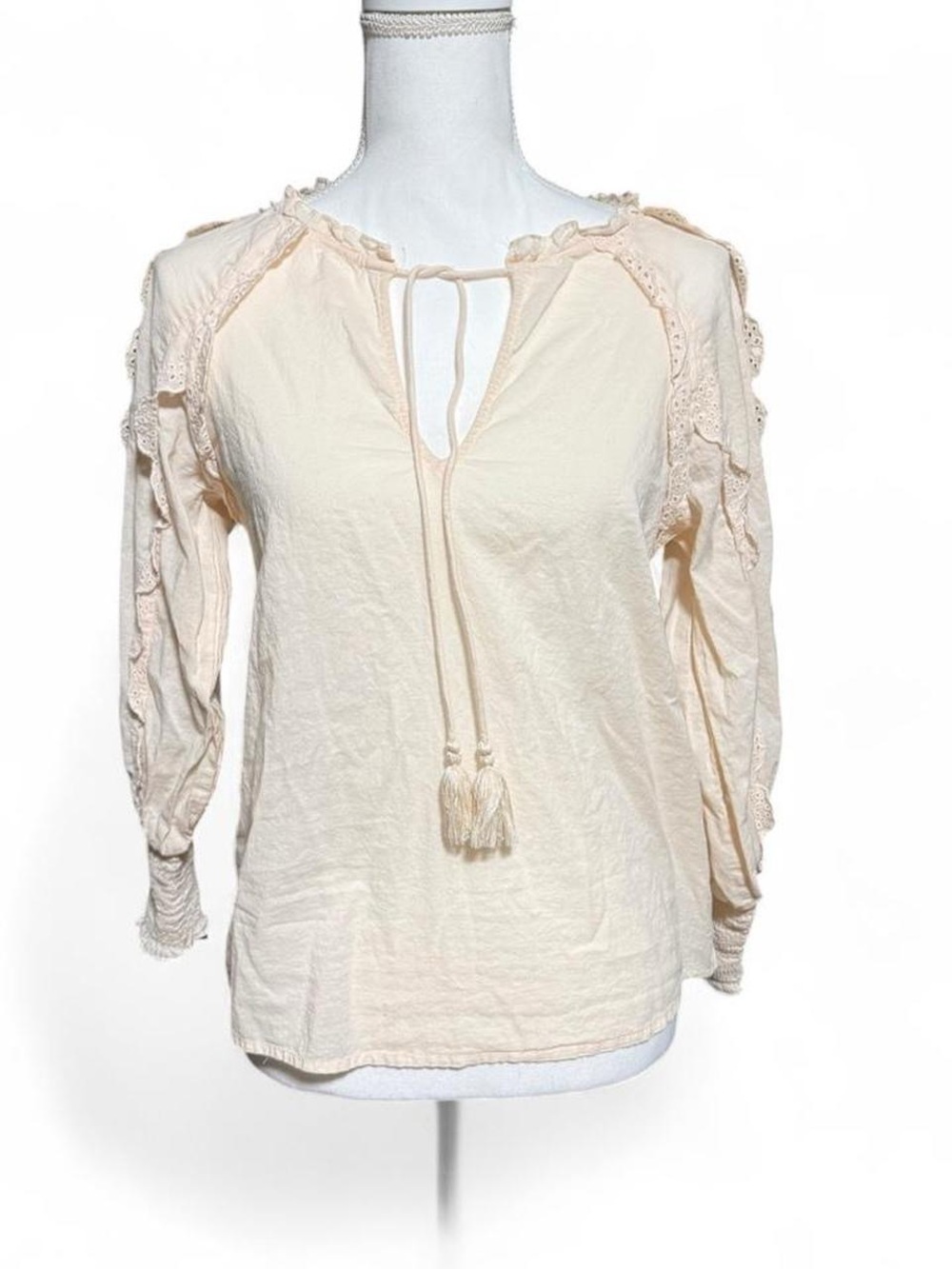 Zara Basic Cream Boho Peasant Tie Front Blouse Lace Trim Cottagecore Top XS